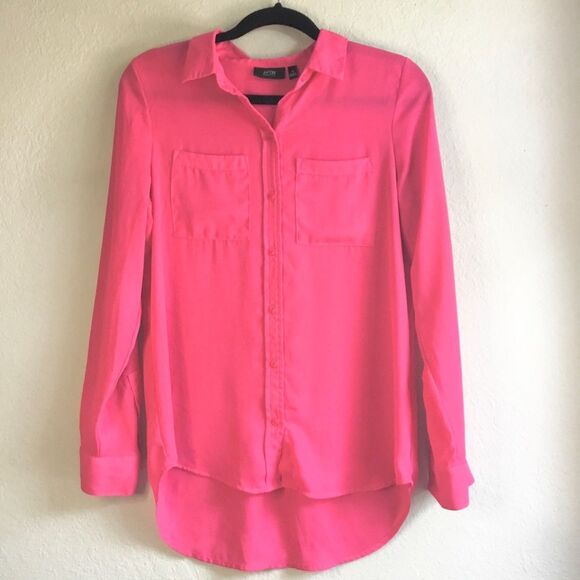 Bright pink Apt 9. Essentials button down high low sheer shirt - Picture 1 of 4